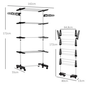 HOMCOM Wäscheständer, schwarz, mit 4 Ebenen und Rollen. Ideal zum Trocknen von Wäsche.