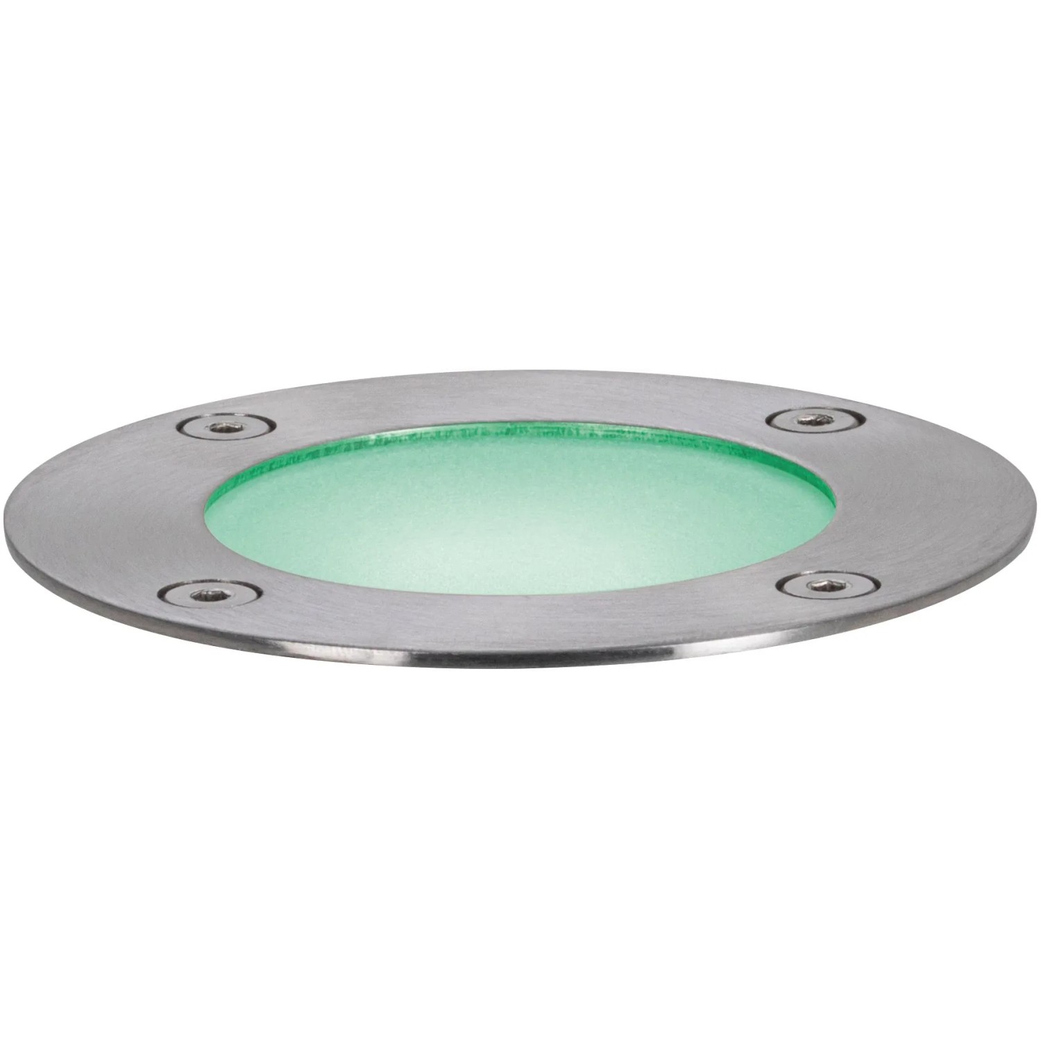 Runder Paulmann Plug & Shine RGBW Bodeneinbaustrahler mit grünem Licht, Teil des Außenbeleuchtungssystems.