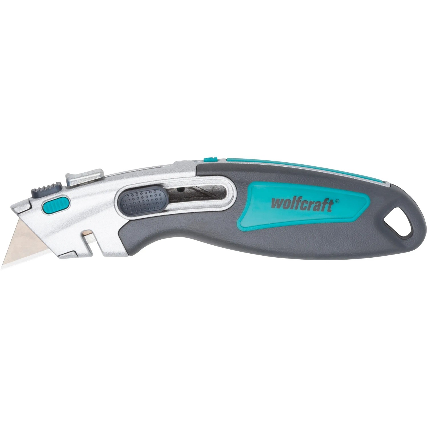 Wolfcraft Profi-Dual-Sicherheitsmesser mit Trapezklinge, grau/türkis, mit Klingenmagazin.