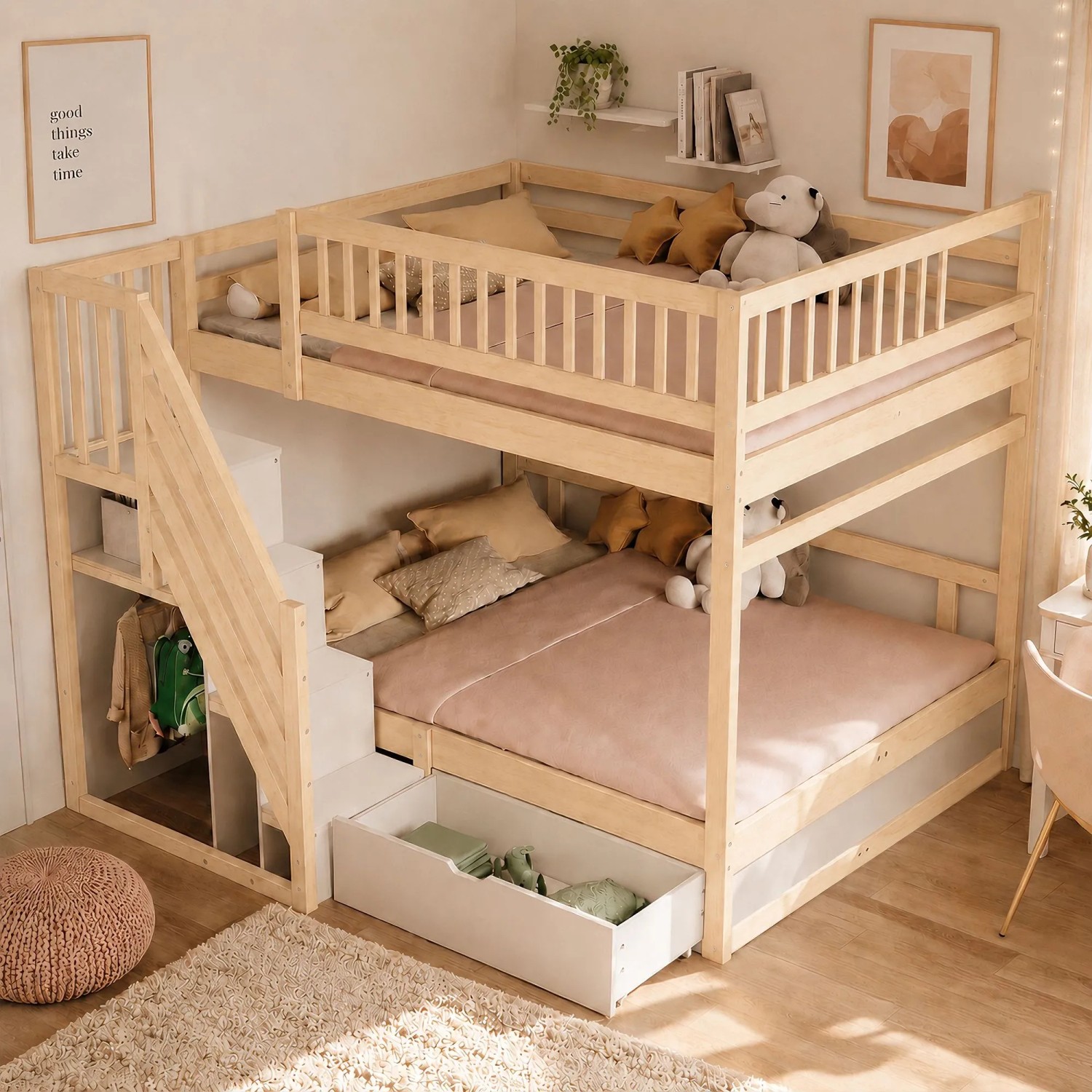 Massivholz Etagenbett Natur 140x200 cm mit Sicherheitstreppe, Stauraum und Schublade.