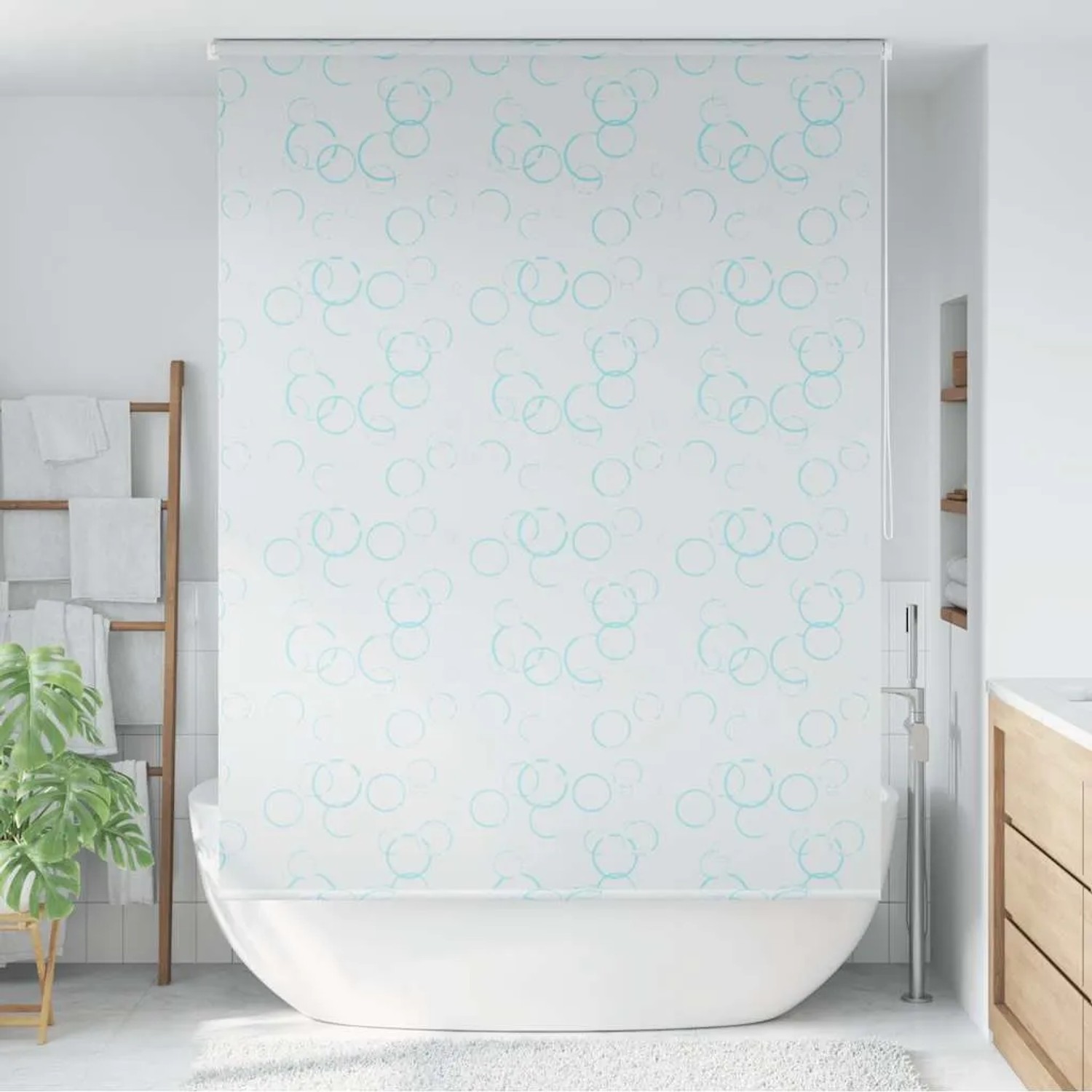 VidaXL Duschrollo 140x240 cm mit blauem Blasenmuster im Badezimmer.