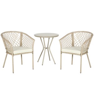 Outsunny Gartenmöbel Set aus Rattan in Khaki mit Tisch und zwei Stühlen mit Sitzkissen.