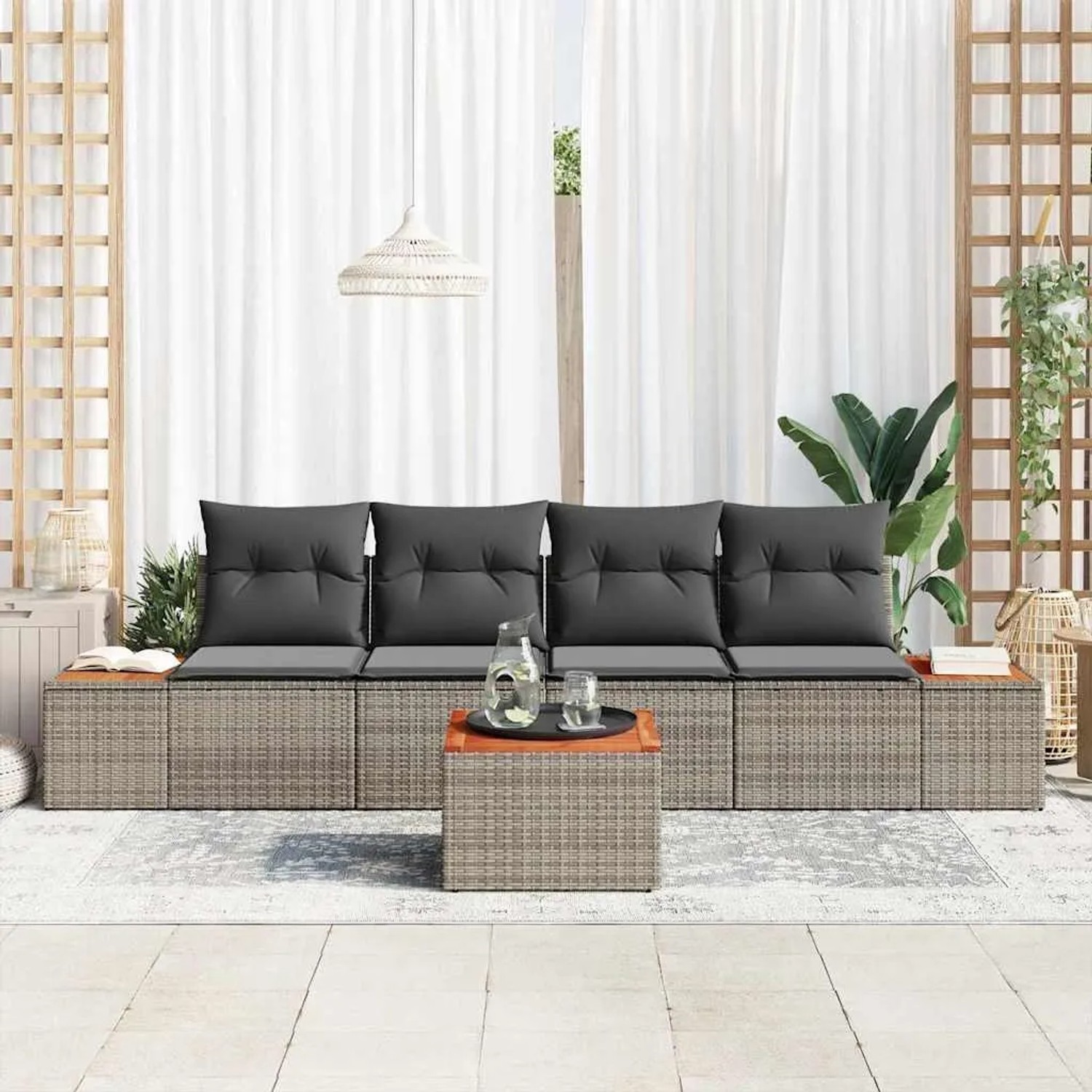 Graues 5-teiliges vidaXL Garten-Sofa-Set mit Kissen und Stauraum aus Polyrattan.