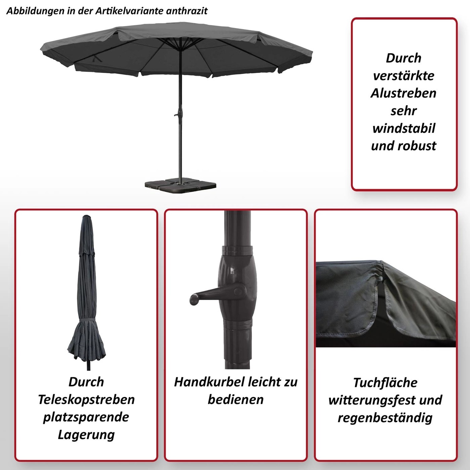 MCW Sonnenschirm Carpi Pro Ø5m Grün mit Ständer, Details zu Kurbel, Tuch und Streben.