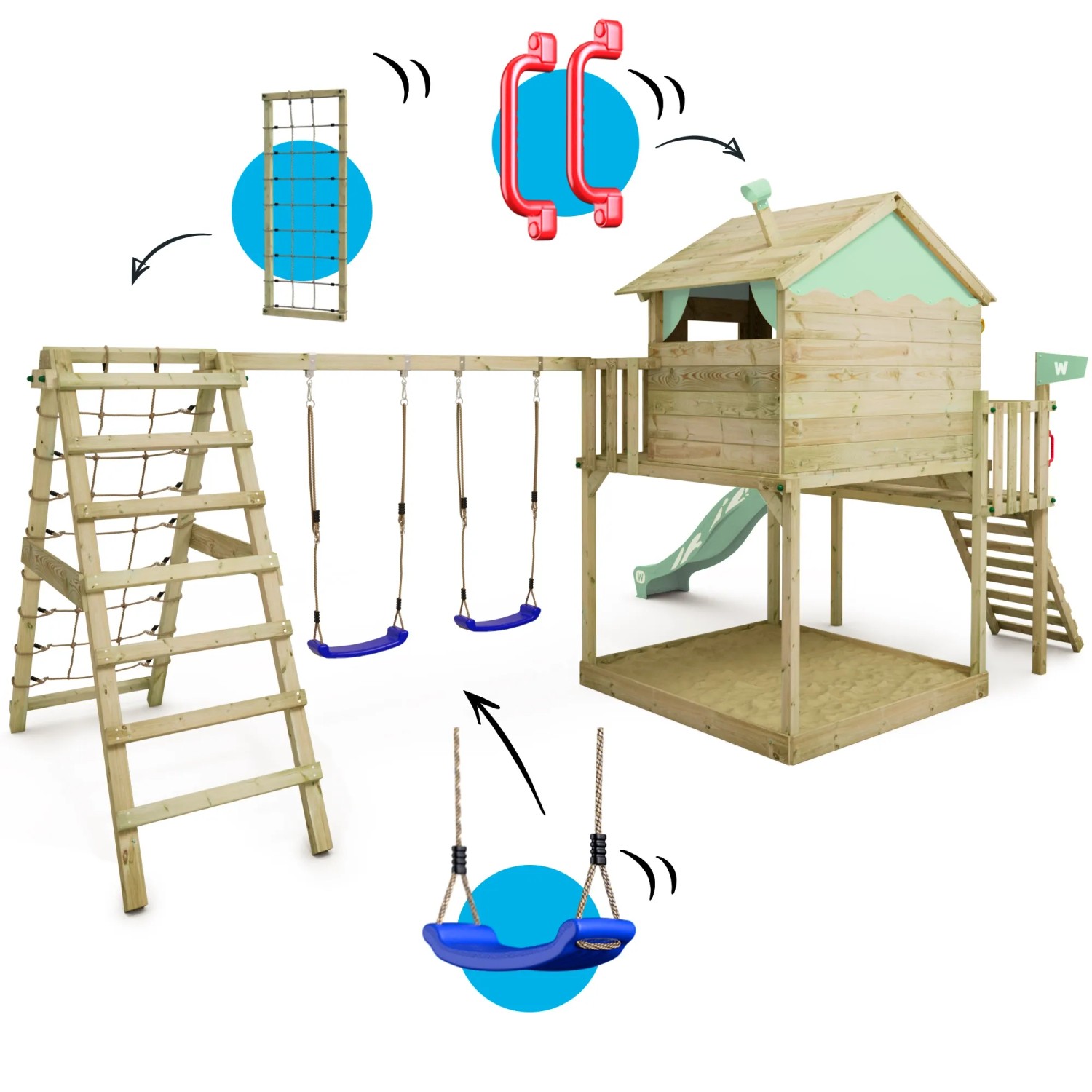 Wickey Spielturm Smart Ocean mit Rutsche, Schaukeln und Kletterwand in Pastellgrün.