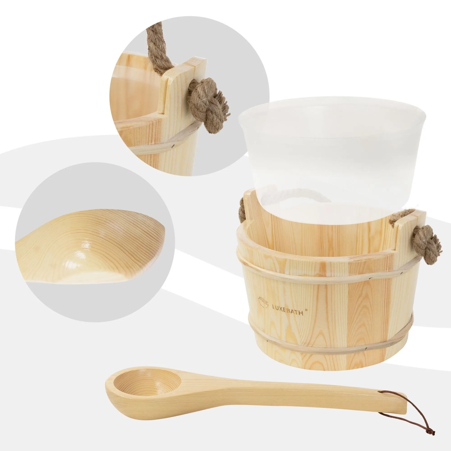 LuxeBath Saunazubehör-Set: Kiefernholz Aufgusskübel mit Seilgriff, transparentem Einsatz und Schöpfkelle.
