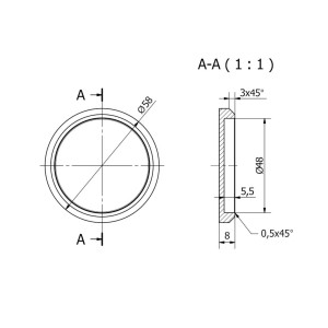 Technische Zeichnung des SOTECH MILA Schiebetürgriffs aus Edelstahl mit Maßen Ø58 mm außen, Ø48 mm innen, Höhe 8 mm.