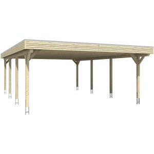 Skan Holz Doppelcarport Spessart, 611x846 cm, schiefergrau, mit flachem Dach und acht Pfosten.