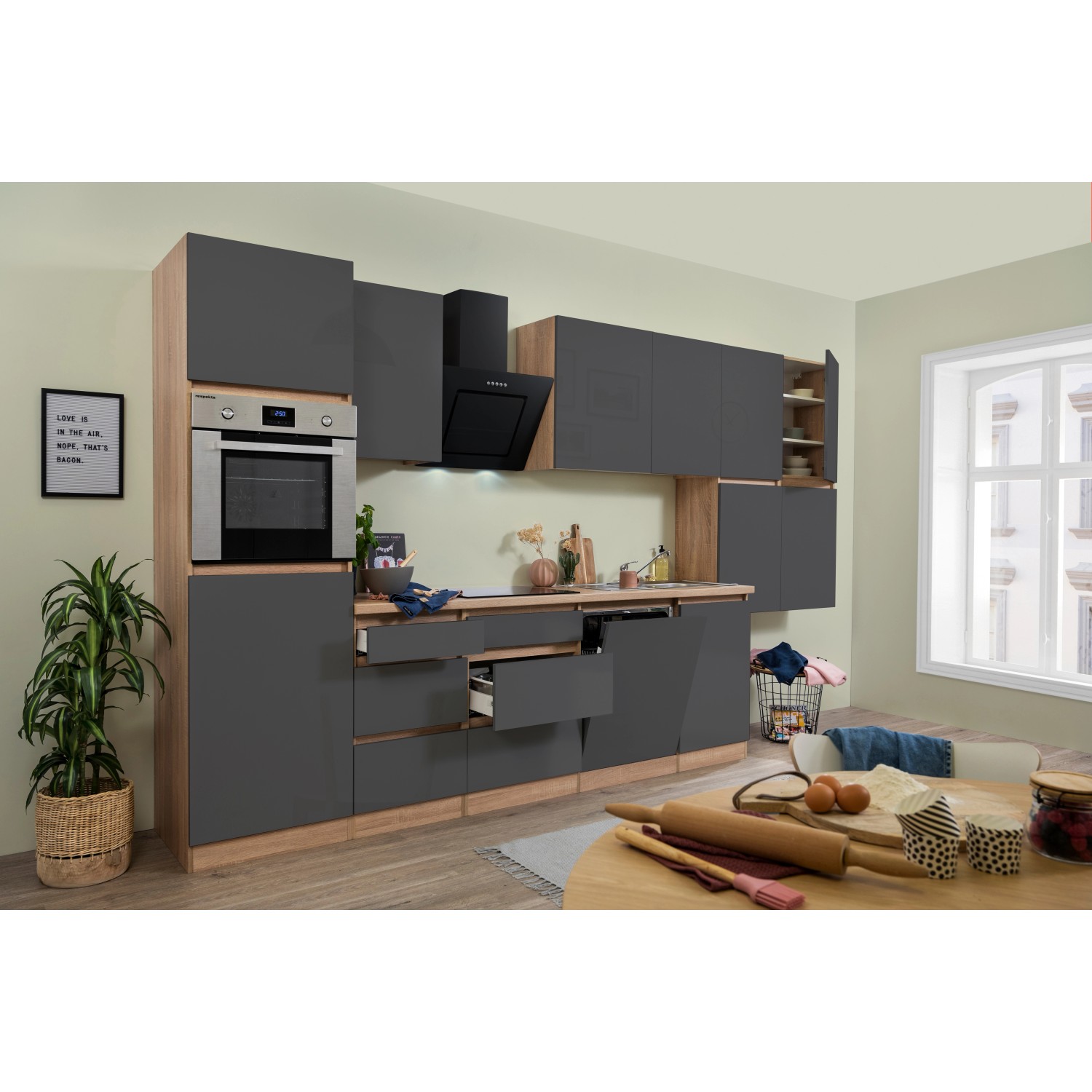 Respekta Küchenzeile/Küchenblock GLRP380HESG Grifflos 380 cm Grau Hochglanz-Sonoma Eiche