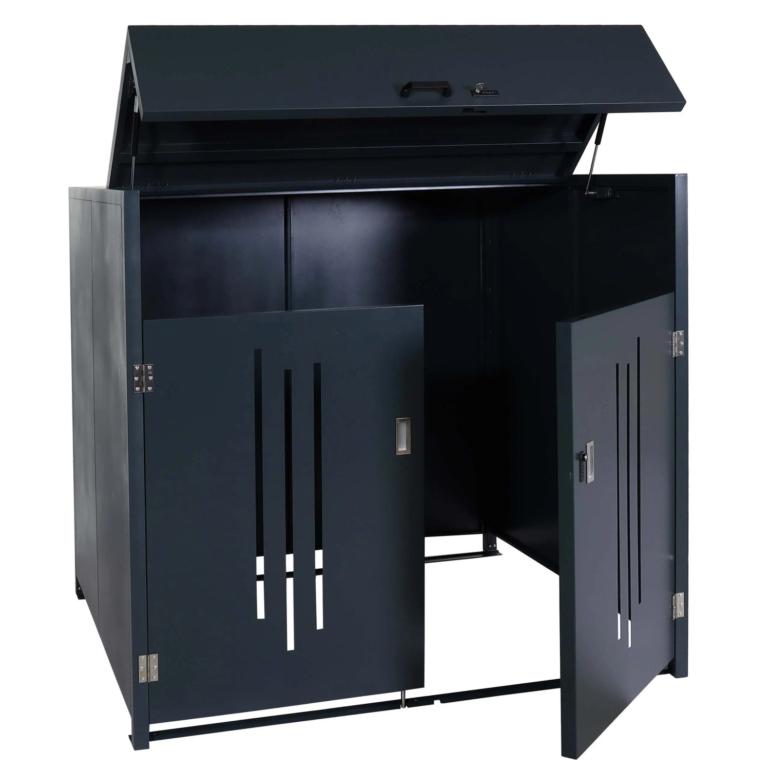 Anthrazitfarbene Mülltonnenbox (154x160x136cm) mit geöffneten Türen und Deckel.