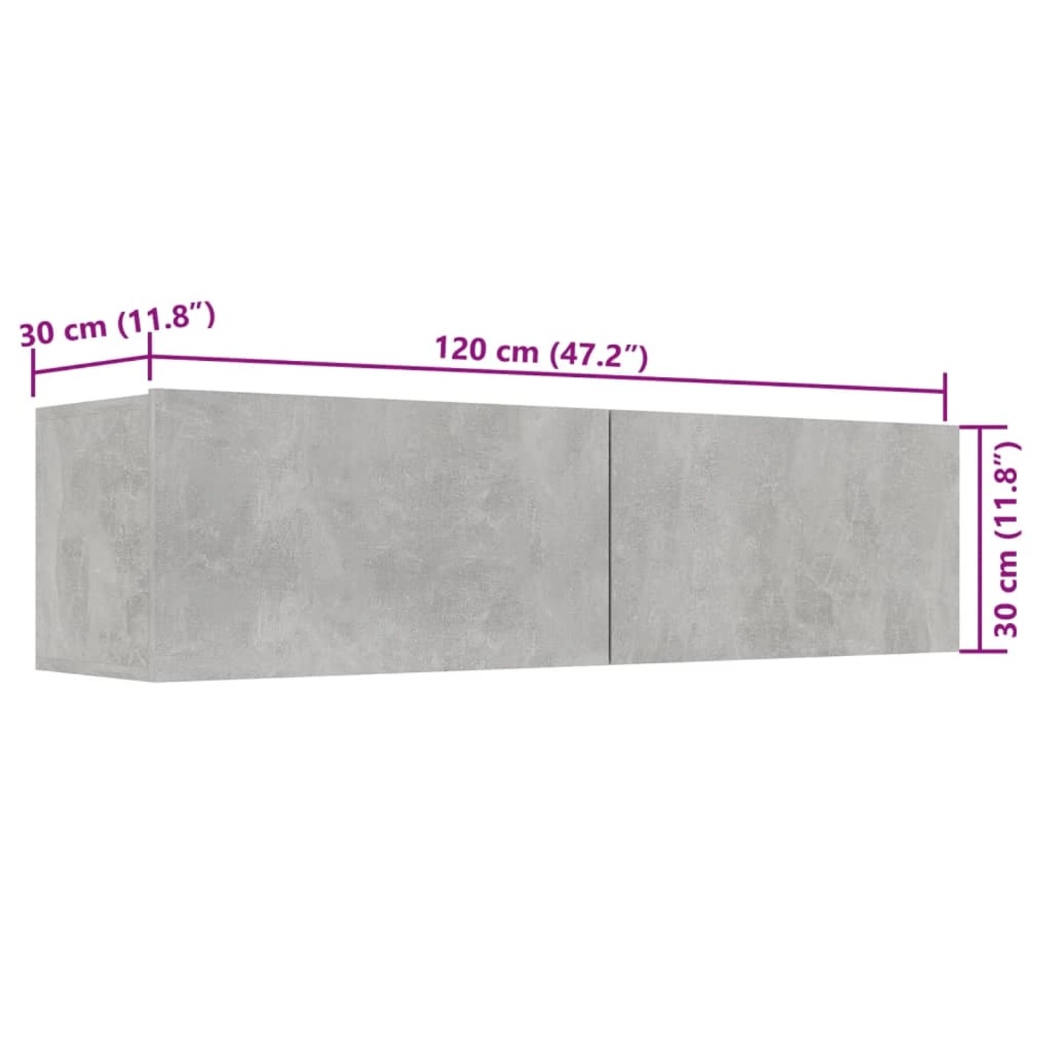 VidaXL TV-Schrank, Betongrau, 120 cm breit. Wandmontage, Holzwerkstoff mit zwei Fächern.