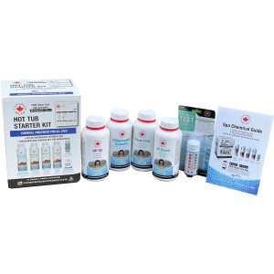 Canadian Spa Chemikalienset, 5-teilig für Whirlpool-Wasserpflege: Chlor, pH-Heber/Senker, Schaumfrei, Teststreifen.