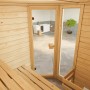 Innenansicht Weka Massivholzsauna Valida Eck mit Glastür und Liegeflächen.