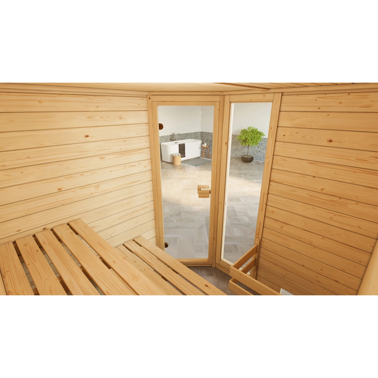 Innenansicht Weka Massivholzsauna Valida Eck mit Glastür und Liegeflächen.