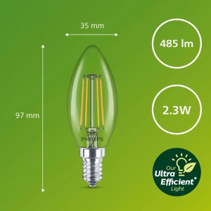 Klares Philips LED-Leuchtmittel E14 in Kerzenform, 2,3W, 485lm, 9,7x3,5cm.