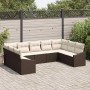 Braunes 9-teiliges vidaXL Garten-Sofa-Set aus Poly Rattan mit beigen Kissen.