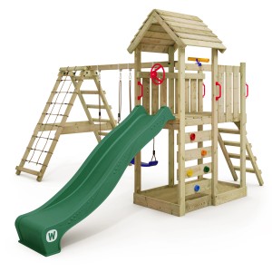 Wickey Spielturm RocketFlyer mit grüner Rutsche, Kletterwand, Schaukel und Sandkasten.