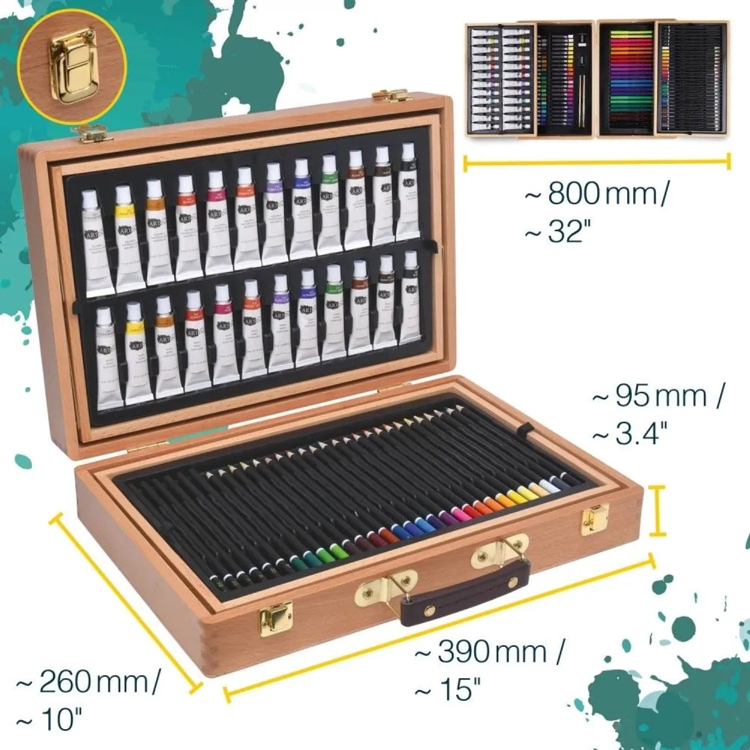 Artina Bologna Malset, 127-teilig im Holzkoffer mit Acrylfarben, Buntstiften und Ölpastellen.