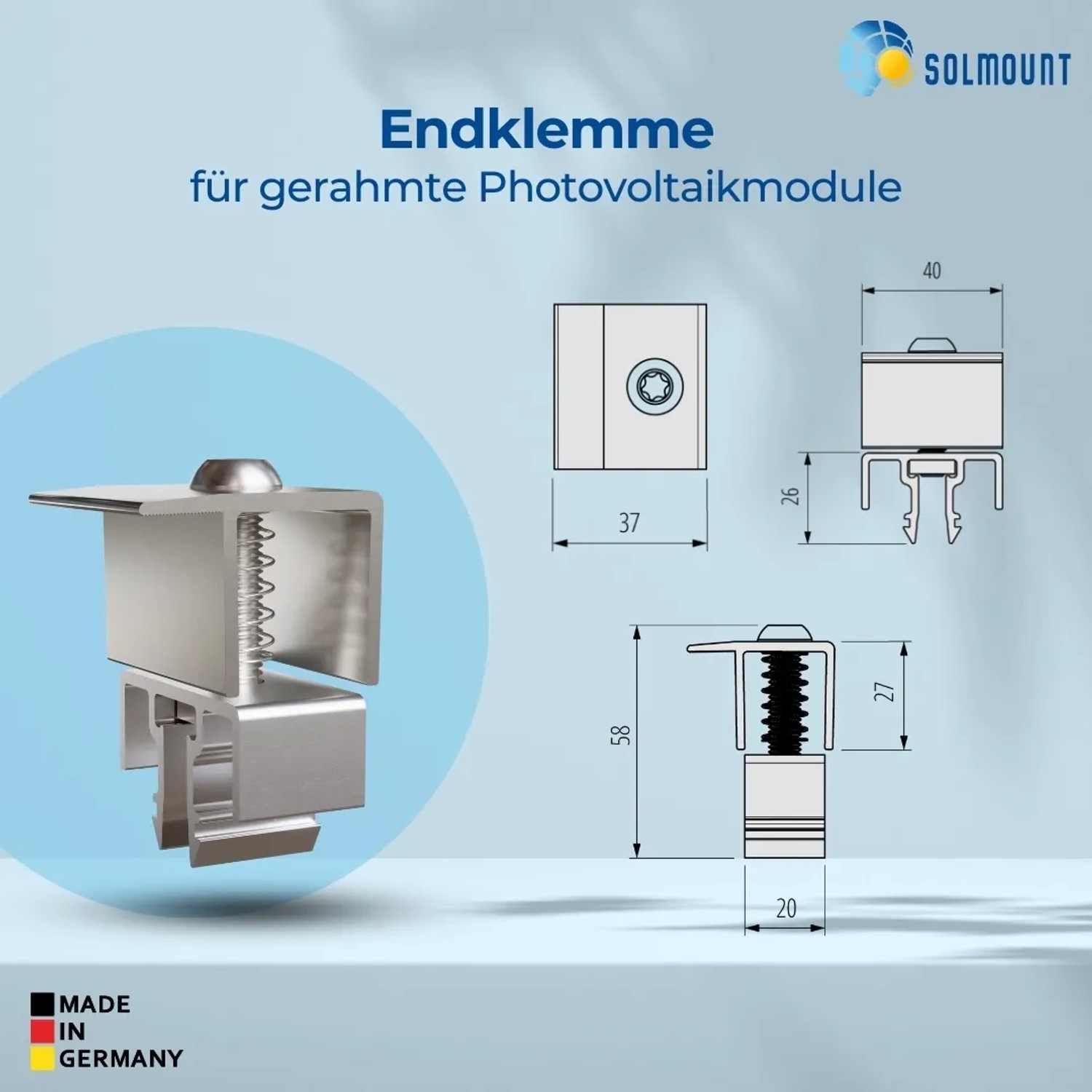 SolMount Endklemme aus Aluminium für Solarmodule (27-37mm Modulhöhe).