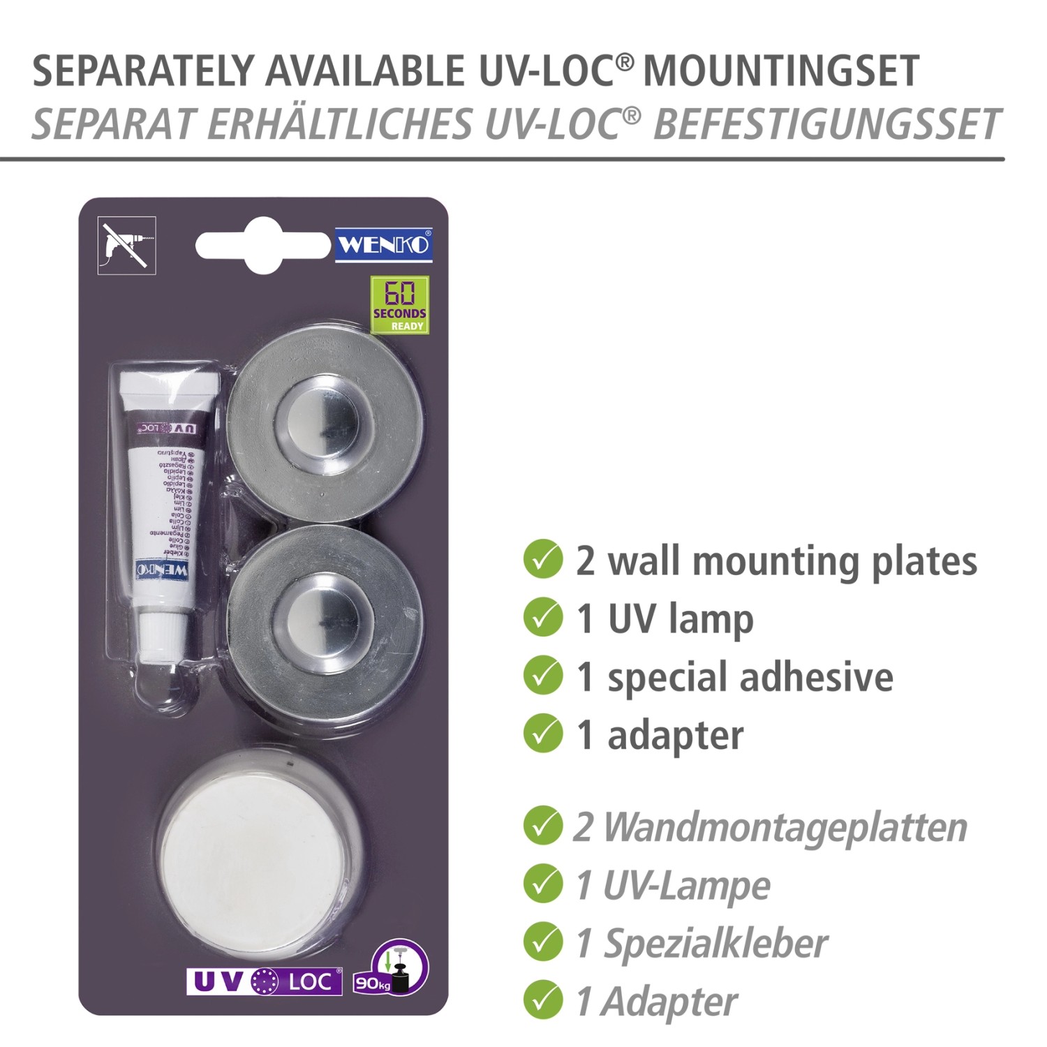 Wenko UV-Loc Befestigungsset: Montageplatten, UV-Lampe, Kleber und Adapter für Bad-Accessoires.