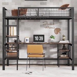 KOMHTOM Eisenbett Etagenbett 90x200Cm Mit Tisch Regal Vierstufiger Leiter Eisen+Spanplatte Schwarz+Dunkle Holzfarbe Ohne Matratze