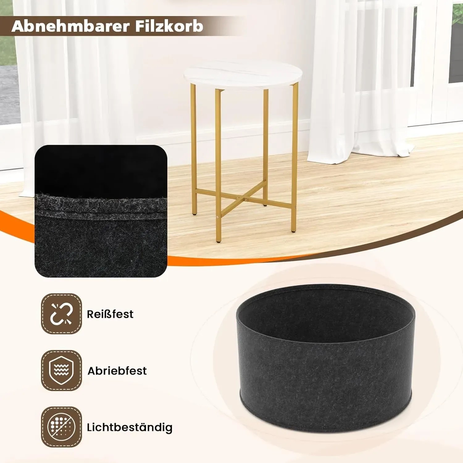 Runder weißer Beistelltisch mit goldfarbenen Metallbeinen und abnehmbarem dunkelgrauem Filzkorb. Modern für Wohnzimmer.