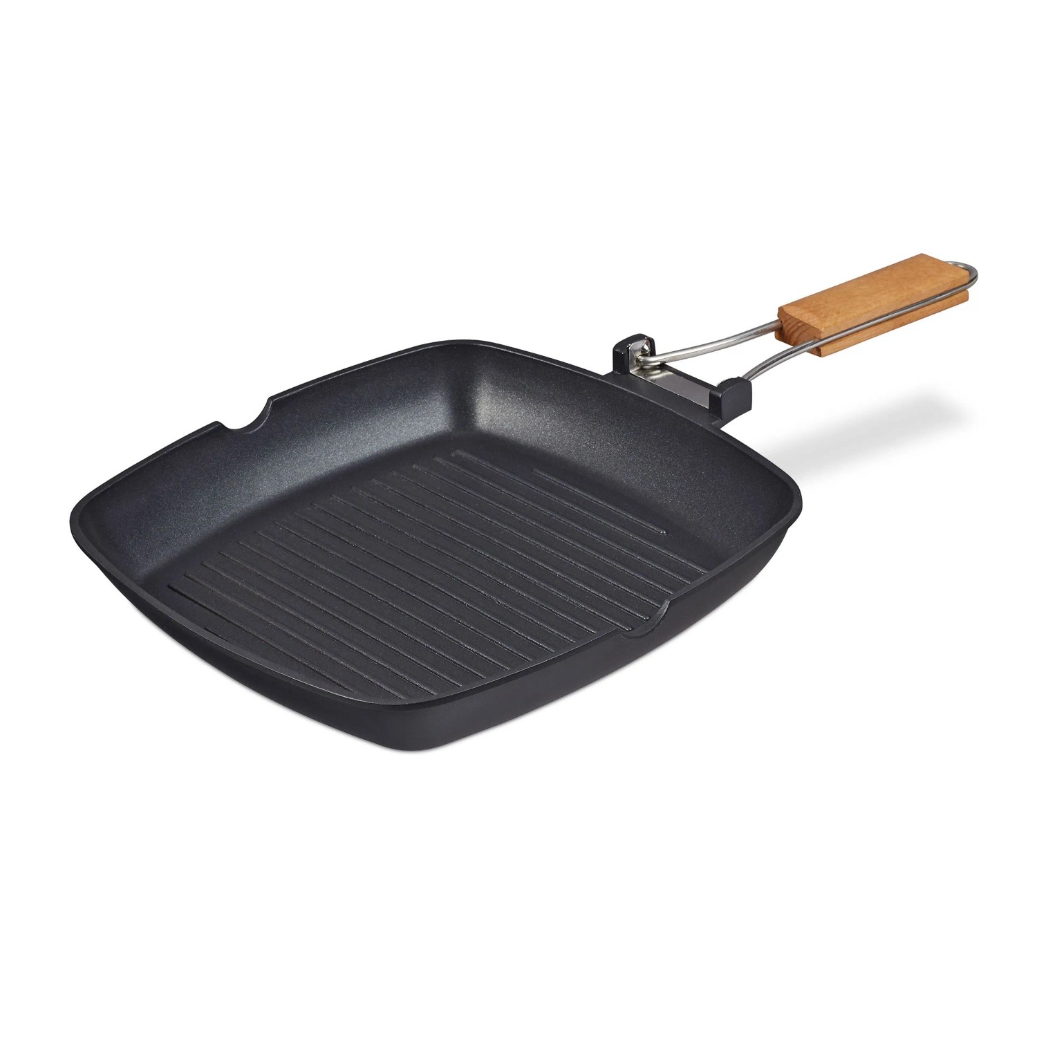 Relaxdays Grillpfanne Aluminium Holz Schwarz Braun Antihaft Induktionsgeeignet Klappbar 6 cm x 29 cm x 50 cm 0,9 kg