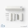 Homematic IP Fenster- und Türkontakt mit Magnet, weiß, zerlegt. Zeigt Sensor, Magnet, Schrauben, Batterieanzeige. Hausautomation.