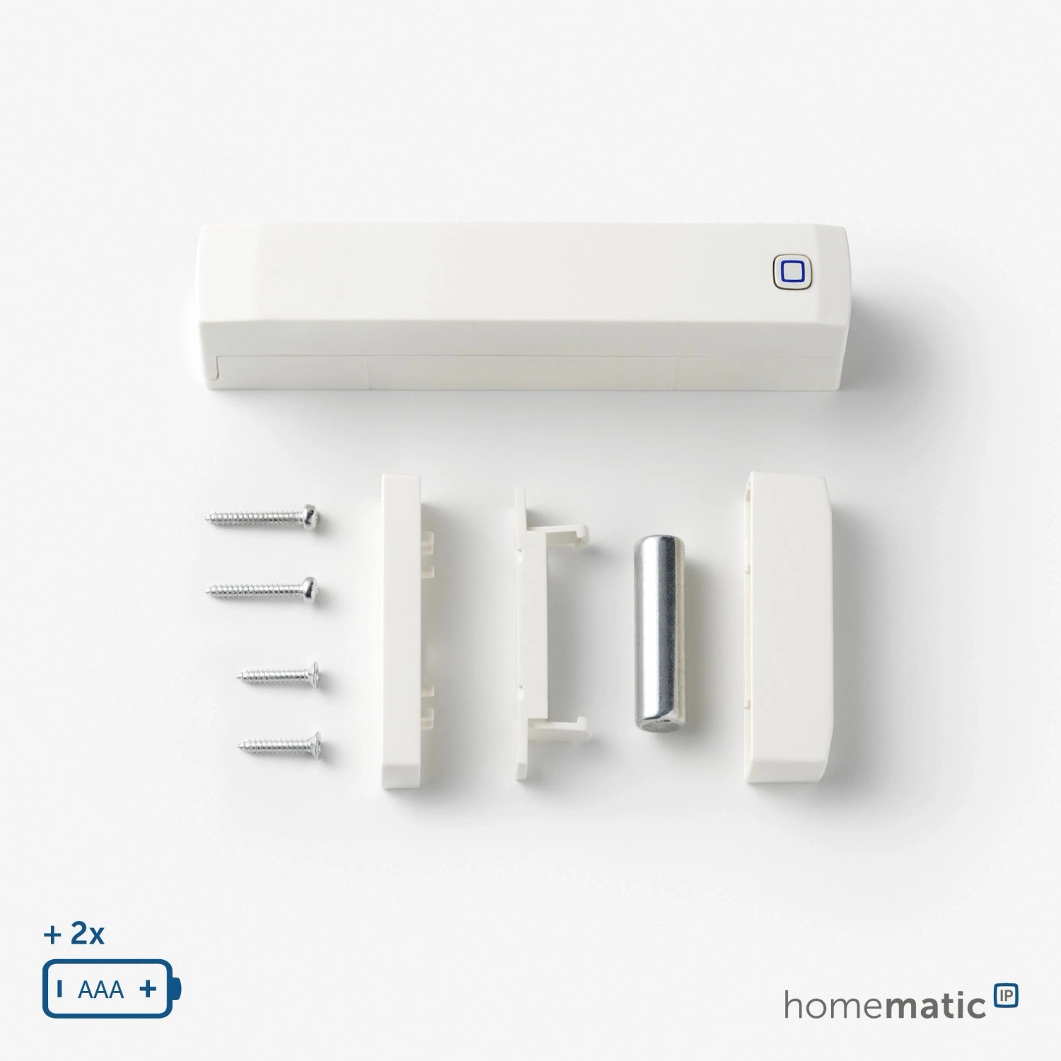 Homematic IP Fenster- und Türkontakt mit Magnet, weiß, zerlegt. Zeigt Sensor, Magnet, Schrauben, Batterieanzeige. Hausautomation.