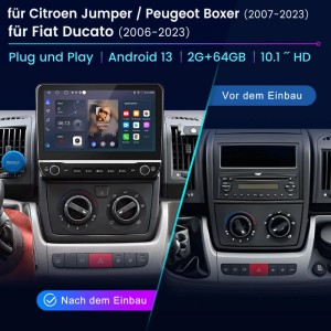 10 Zoll Android Auto Autoradio im Peugeot Boxer/Fiat Ducato. Vorher/Nachher-Vergleich: Originalschacht vs. Touchscreen-Radio.