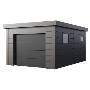 Anthrazitfarbene Fertiggarage 3654, 358x538 cm, mit Sektionaltor, Tür und Fenster.