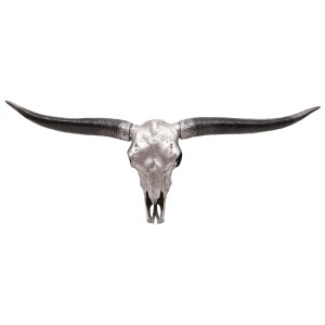 Dekorativer Stier Schädel in Silber, 132cm breit, detailreich für ein imposantes Ambiente.