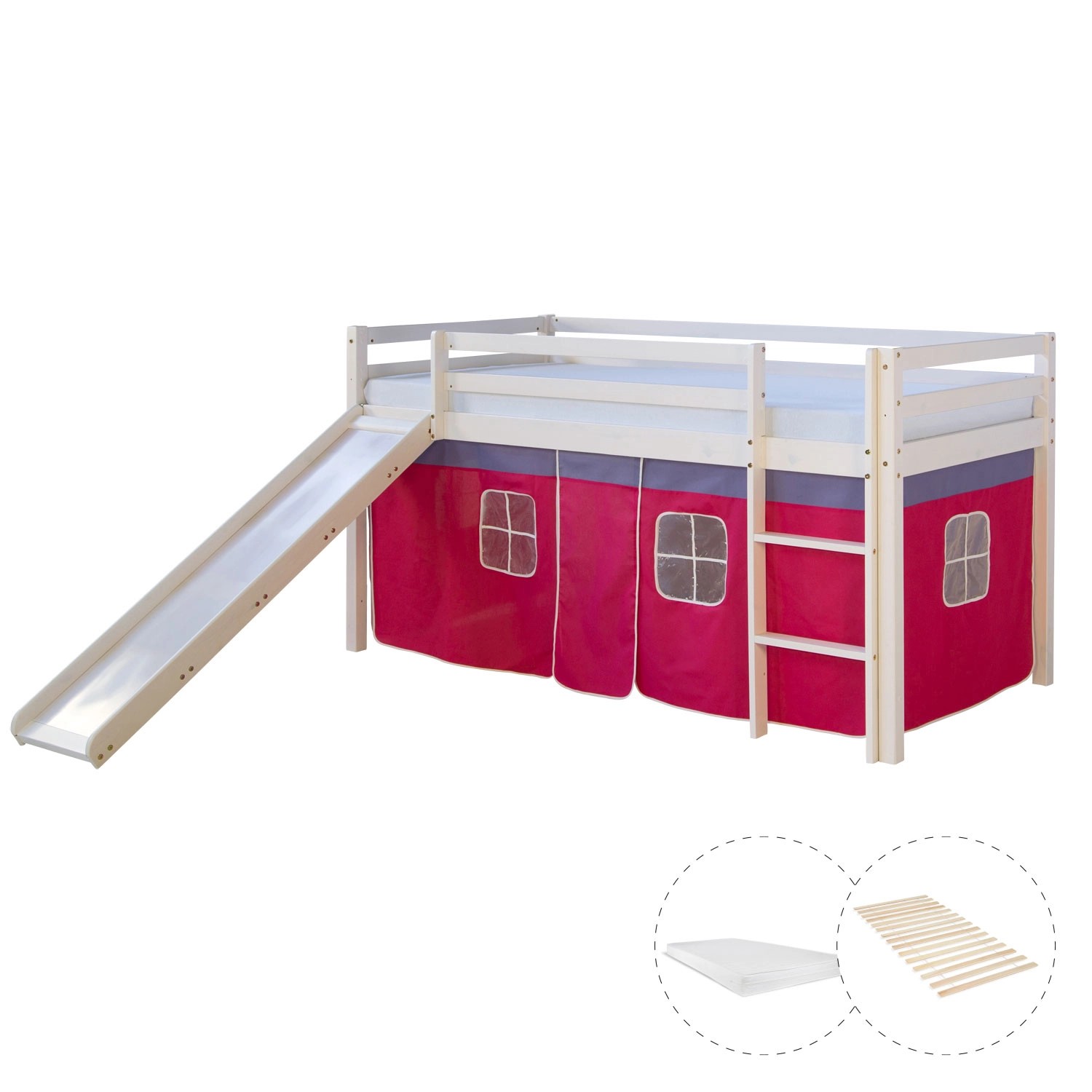 Homestyle4u Hochbett 90x200 mit Vorhang Lattenrost Matratze Rutsche in Weiß 2582