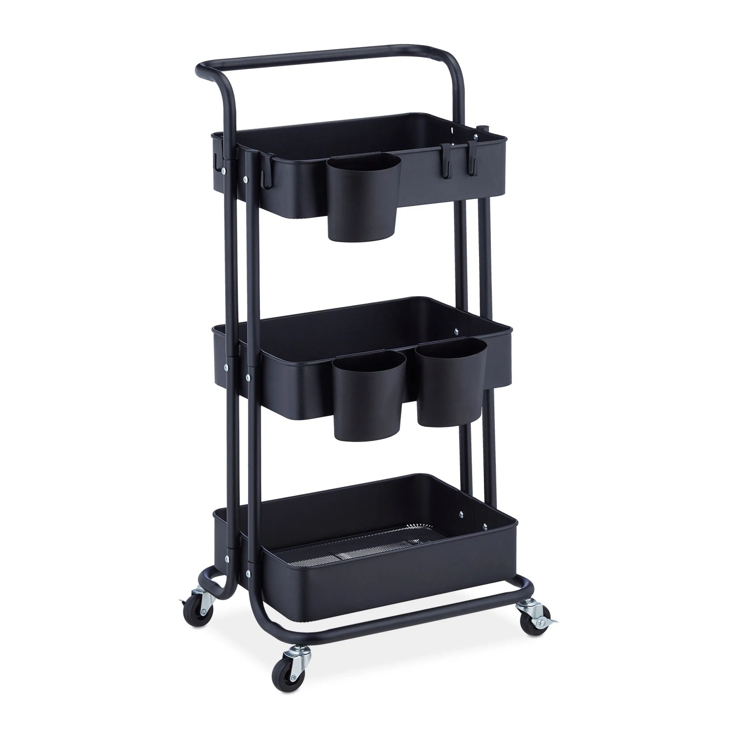 Relaxdays Rollwagen Stahl PP Kunststoff Filz Schwarz mit 3 Etagen 86 cm x 38 cm x 39 cm 3,9 kg