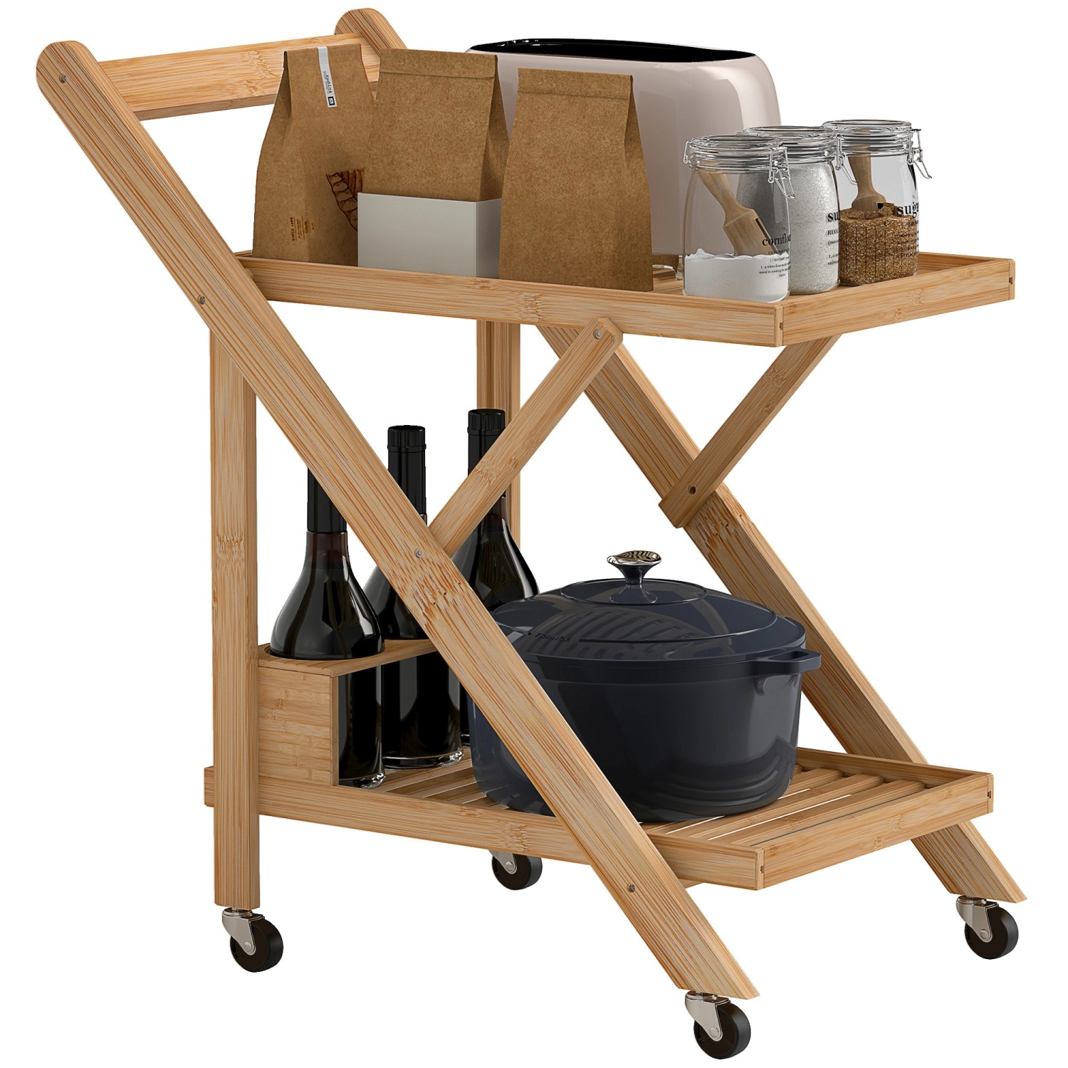 HOMCOM Küchenwagen mit Arbeitsplatte Bambus Naturholz 66L x 40B x 70H cm günstig online kaufen
