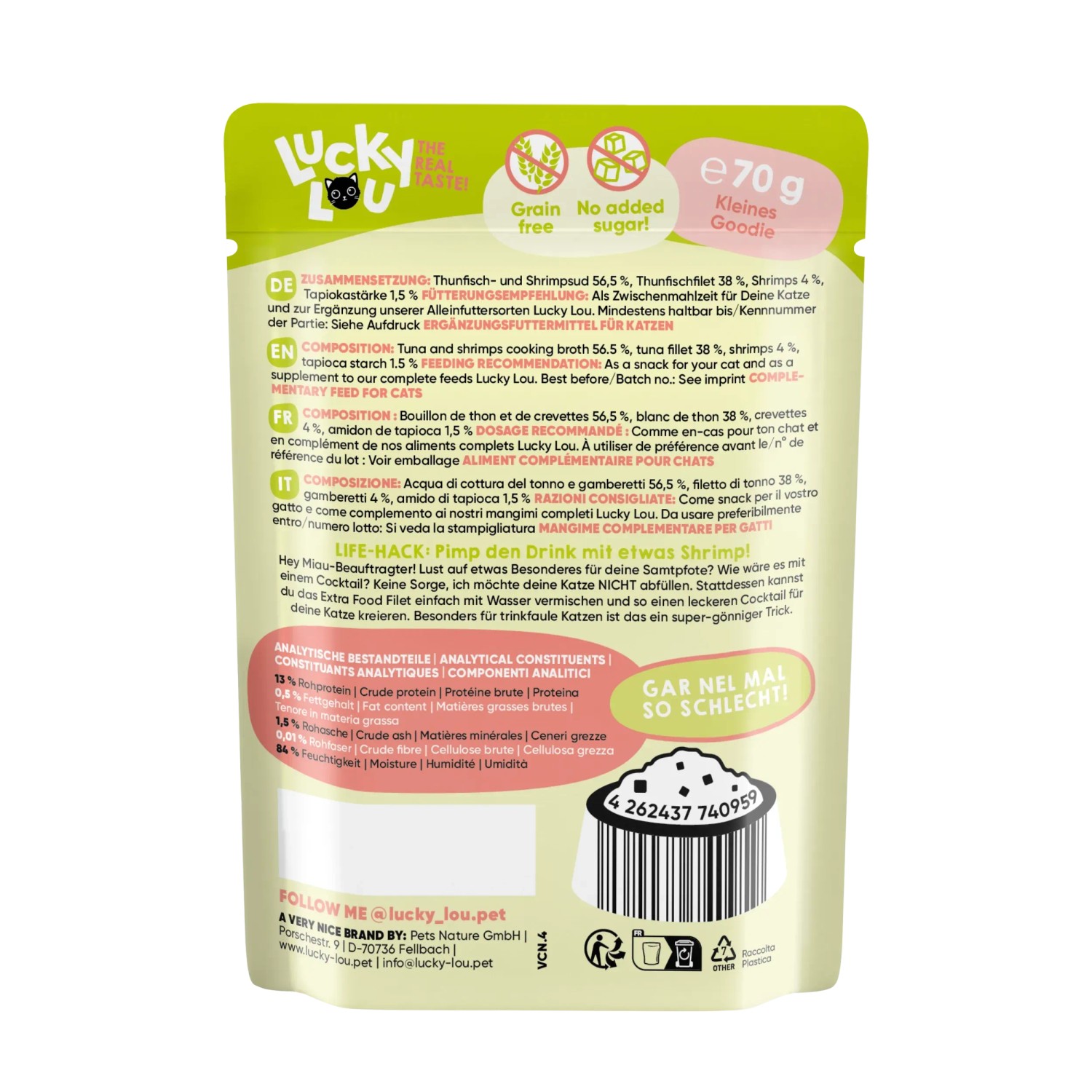 Lucky Lou Katzen-Nassfutter Thunfisch & Shrimps in Jelly, 70g Pouch.