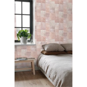 ESTAhome Vliestapete, orientalisches Kelim-Patchwork Pfirsichorange Rosa. Dekorative Wandgestaltung.