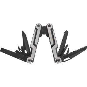 Geöffnete LUX Multitool-Schere mit 14 Funktionen aus Edelstahl, inklusive Etui.
