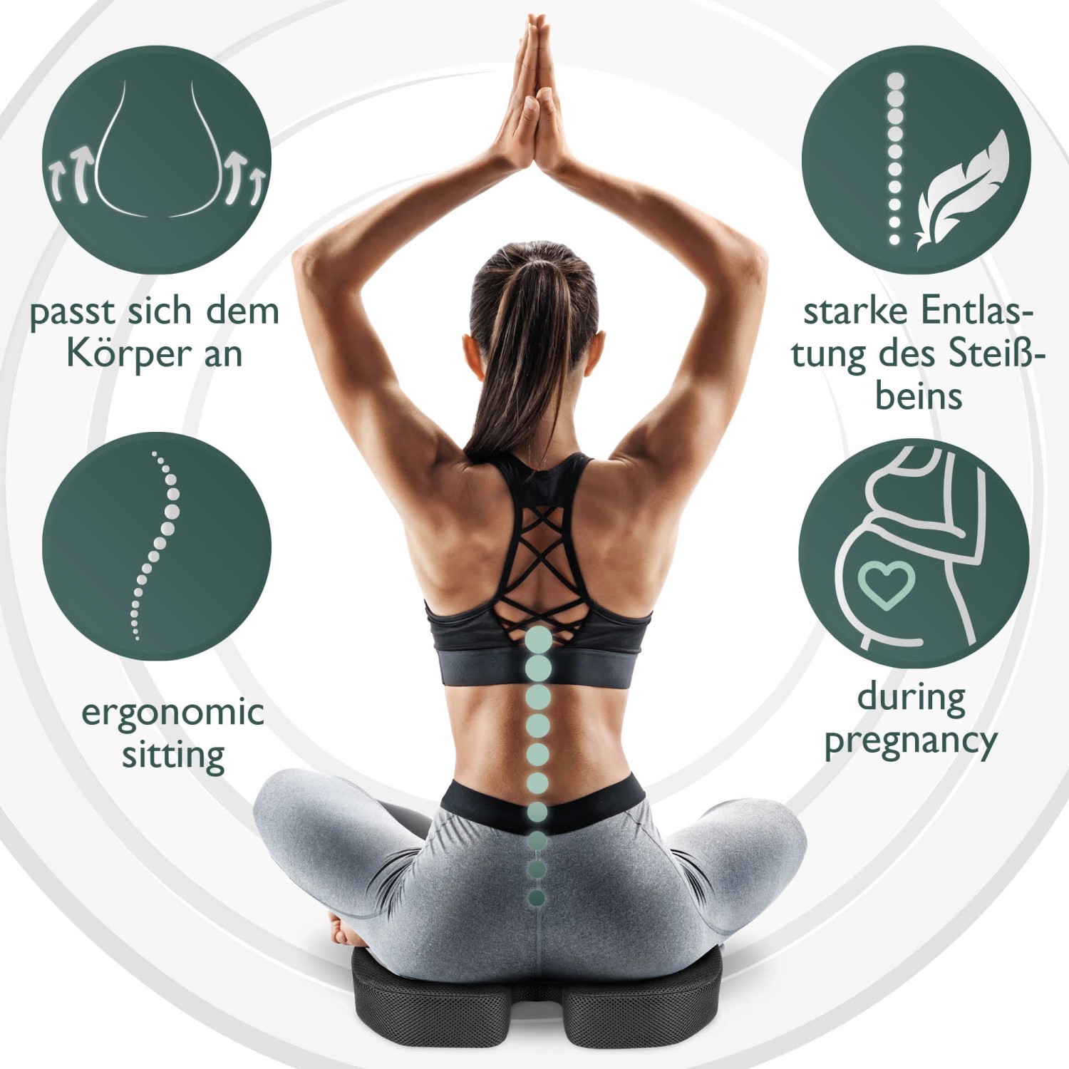 Beautissu BeauErgo FS Sitzkissen: Frau sitzt im Schneidersitz auf dem Kissen, das den Rücken entlastet.