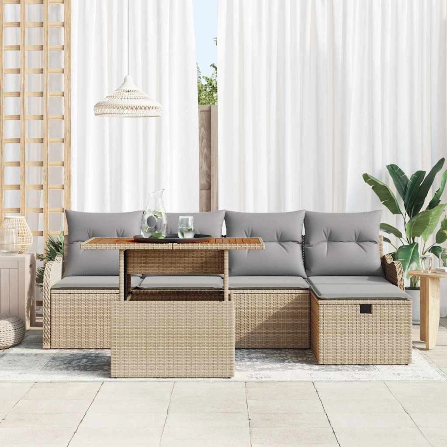 Beiges 6-tlg. vidaXL Garten-Sofa-Set aus Polyrattan mit Kissen und Stauraum.