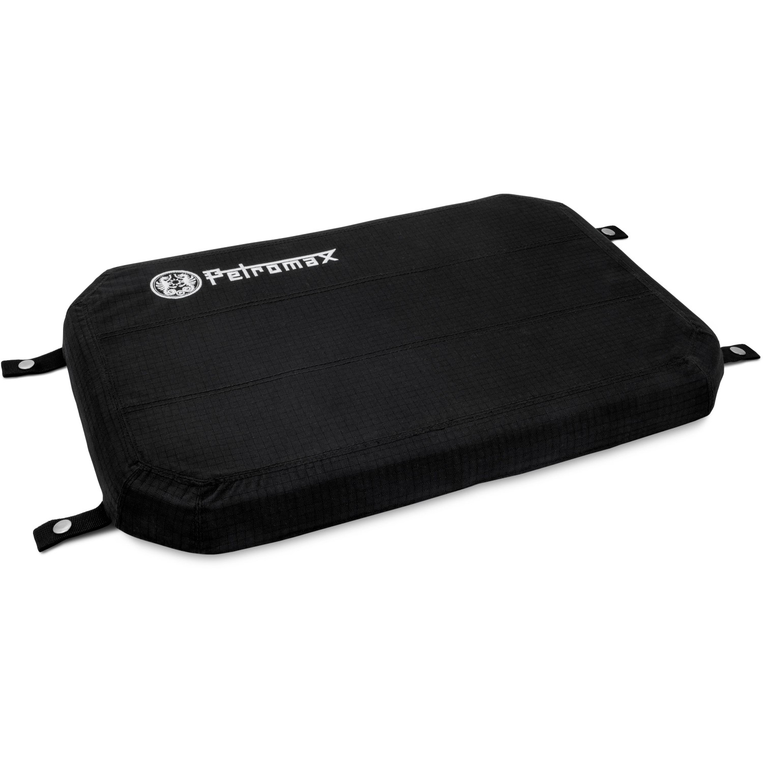 Schwarzes Petromax Sitzkissen für Kühlbox 25l mit Logo und Befestigungslaschen.