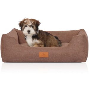Knuffelwuff Hundebett Lotte Velours, M-L, 85x63cm, lichtbraun mit Hund.