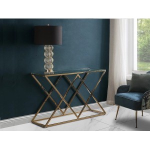 Eleganter Konsolentisch Charlotte mit transparenter Glasplatte und goldfarbenem Art Déco Metallgestell im Wohnzimmer.