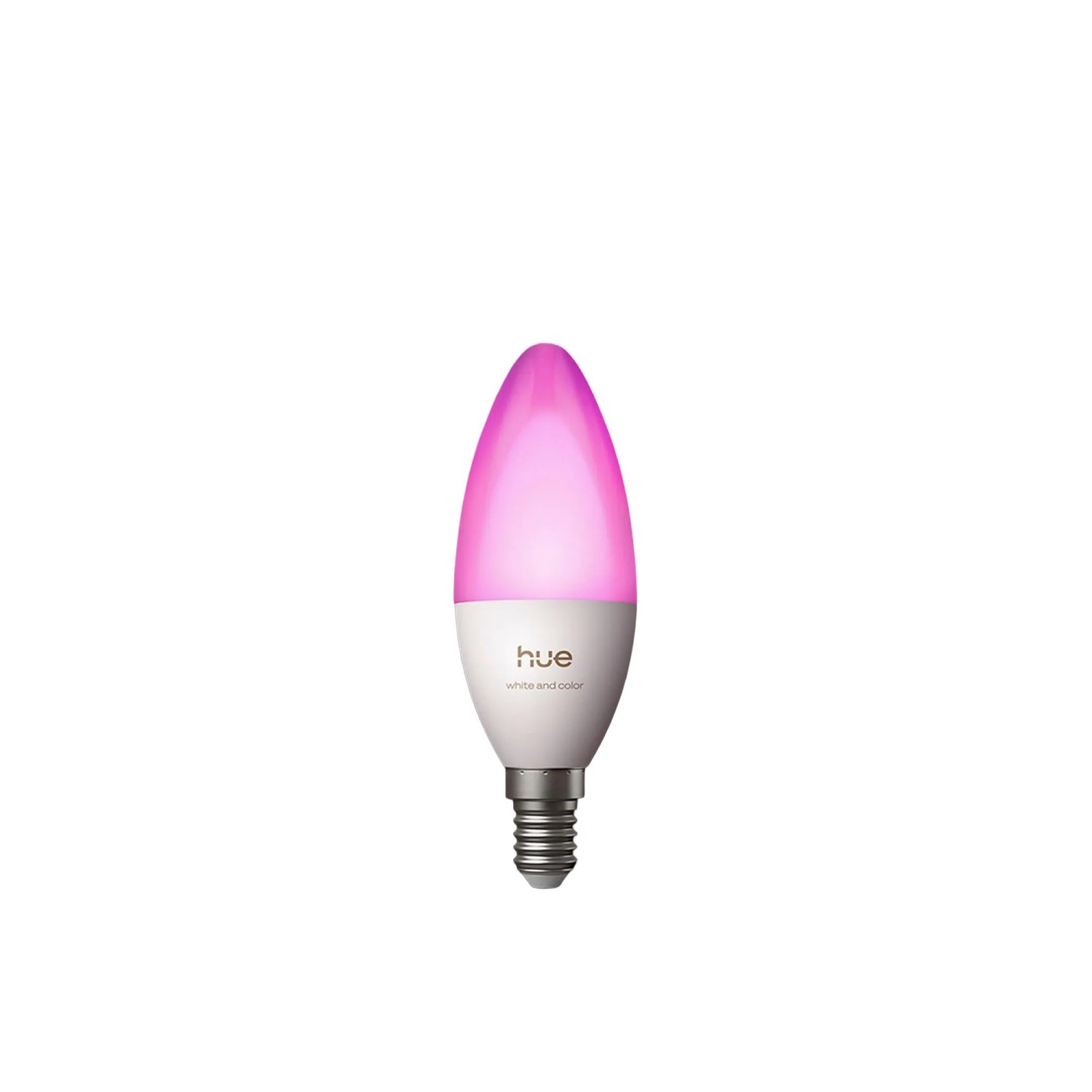 Philips Hue E14 LED-Leuchtmittel in Kerzenform, leuchtet pink. Smartes, farbiges Licht für Ihr Zuhause.