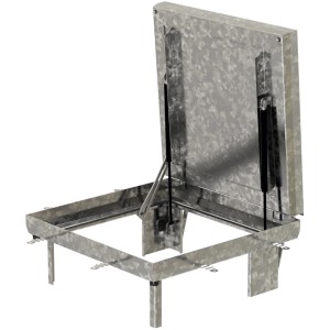 Geöffnete ACO Schachtabdeckung FI 2.0 C250 aus verzinktem Stahl, 500x500 mm, mit Servokat Assist Öffnungshilfe.