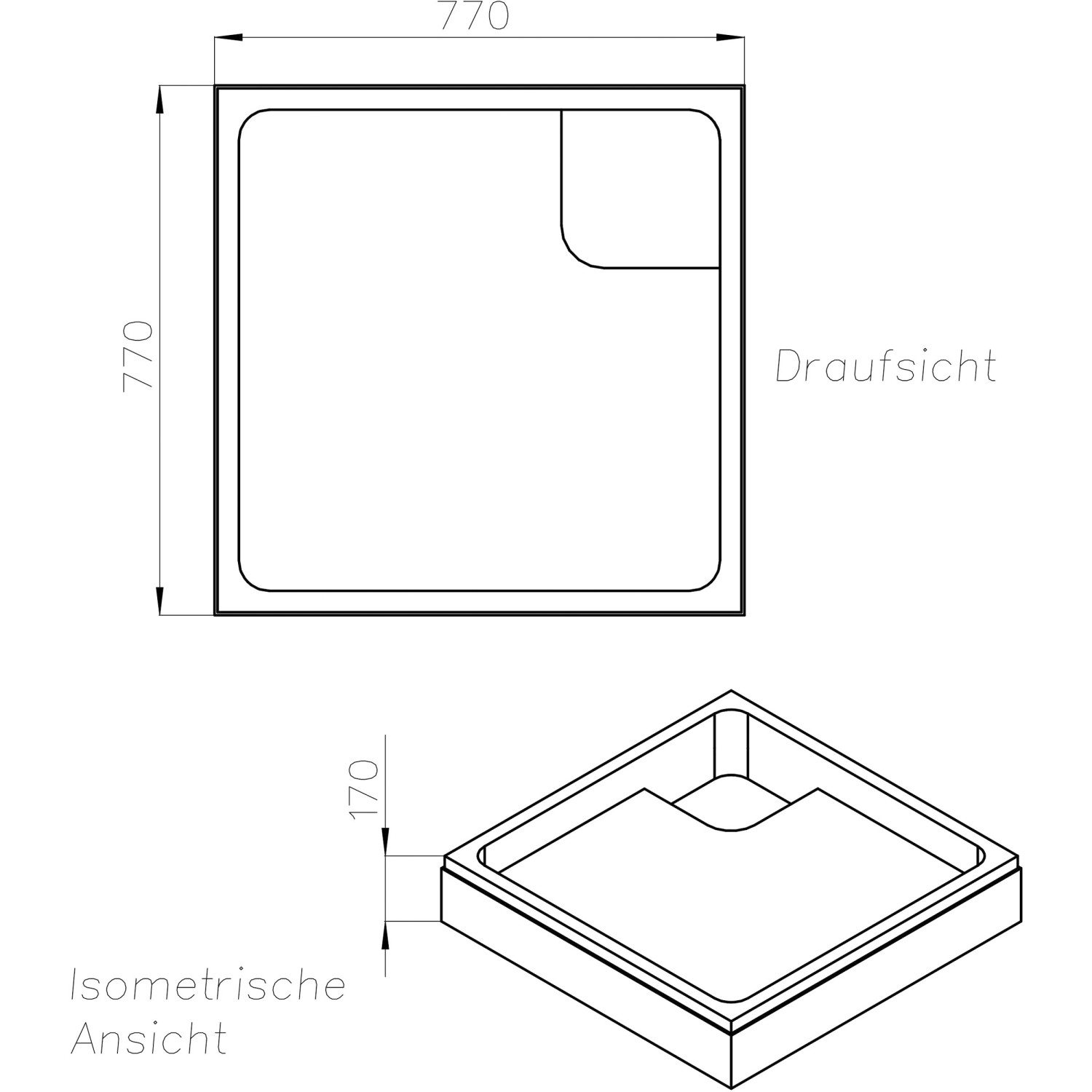 Technische Zeichnung Ottofond Duschwanne Quadrat, 80x80 cm, Maße und Ansichten.