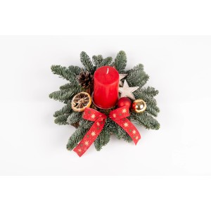 Adventsgesteck 30cm mit roter Kerze, Kugeln, Stern, Schleife und Tannenzweigen.