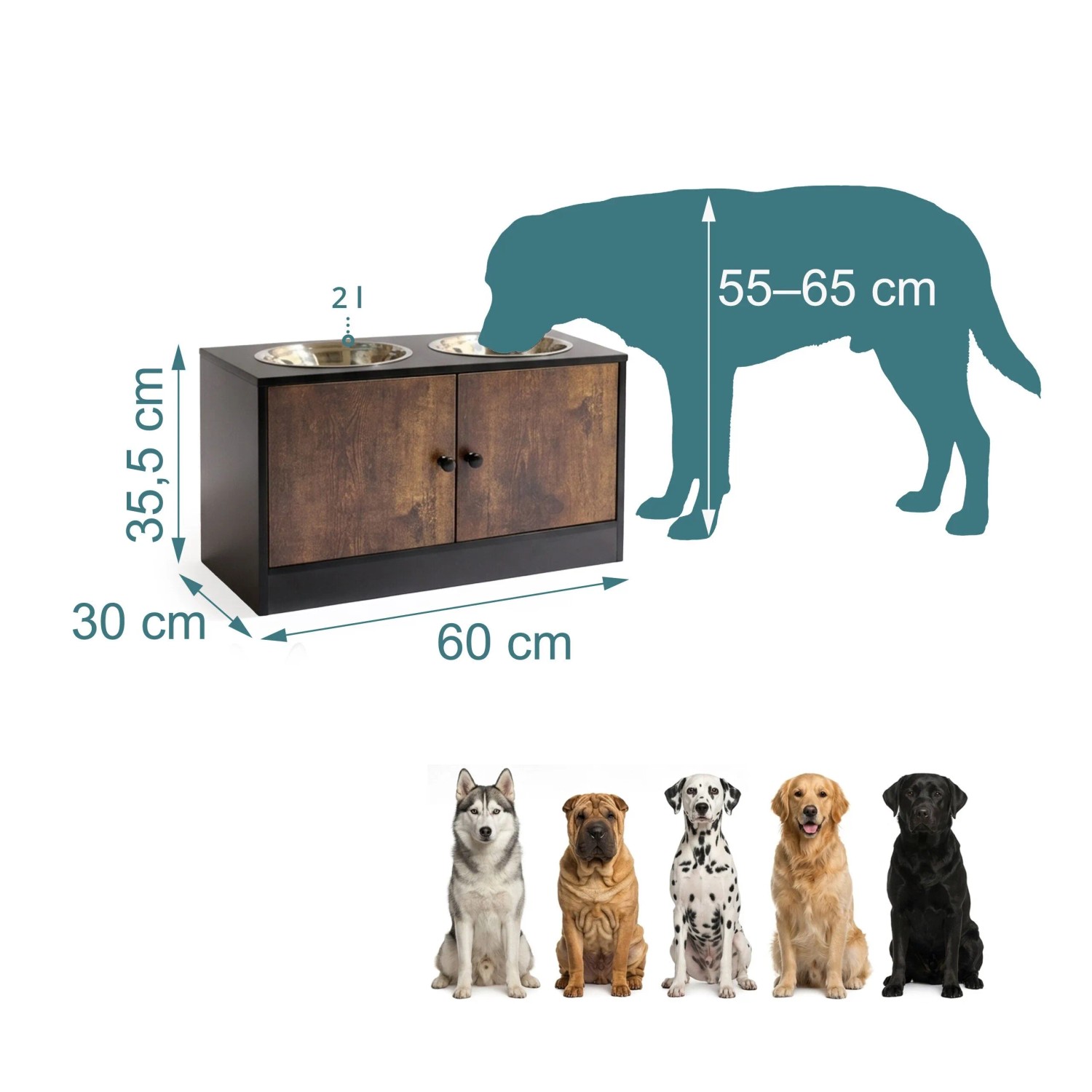Erhöhte Hundefutterstation Industrial-Schwarz aus MDF mit 2 Edelstahlnäpfen und Schrankfach. 35,5x60x30 cm.