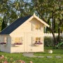 Palmako Spielhaus Tom aus Fichtenholz, naturbelassen, mit zwei Ebenen und Blumenkästen.