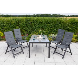 Merxx Taviano Gartenmöbel-Set, 5-teilig: Gartentisch mit Glasplatte und 4 Klappsessel in Grau.